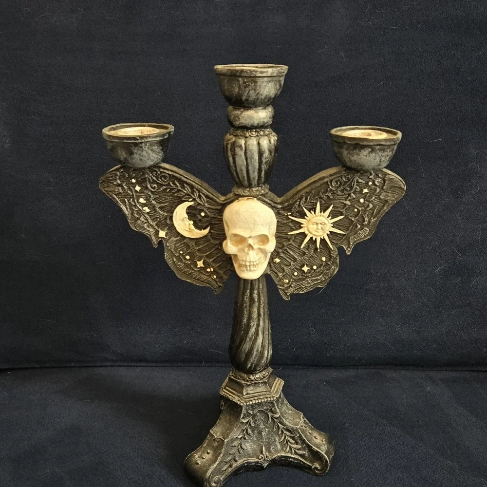 Gothic Skull Moth Candelabra Resin Candle Holder Black Celestial Halloween Decor